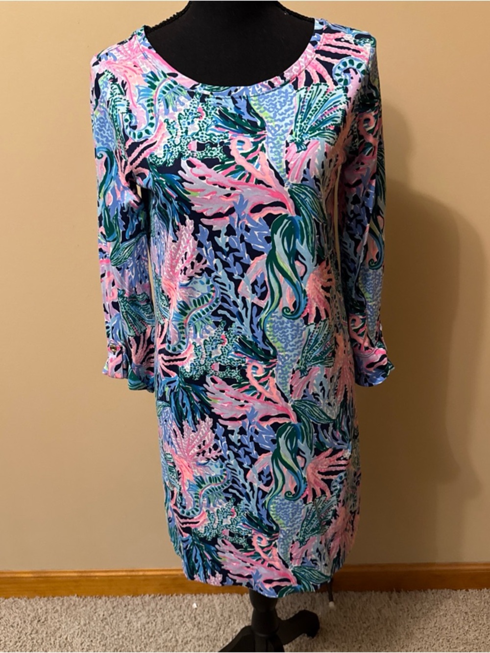 Lilly Pulitzer Blue, Pink & Green Coral-Print Long Sleeve Shift Dress